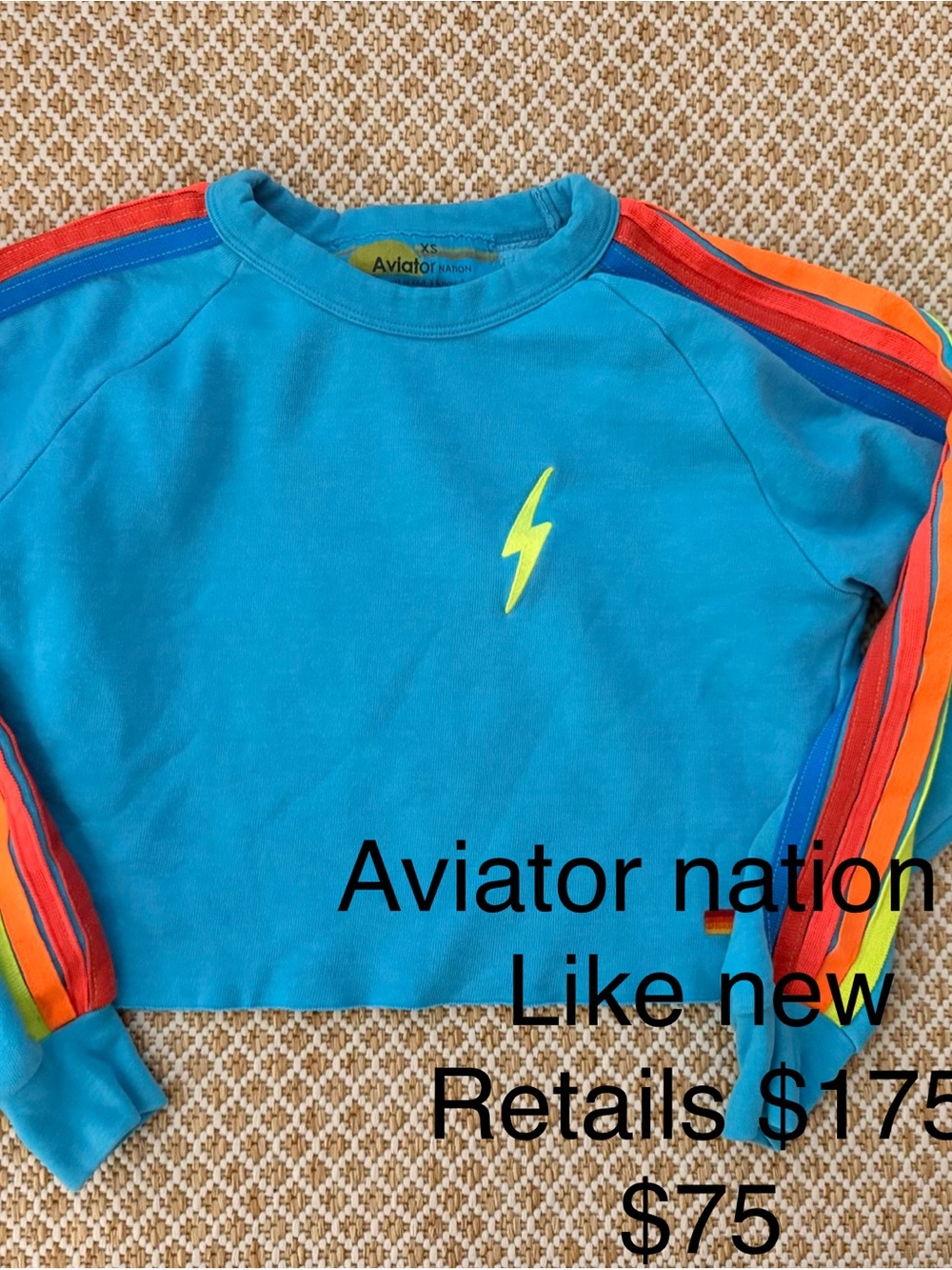 Aviator Nation Turquoise Lightning Sweatshirt with Rainbow Stripe Sleeves